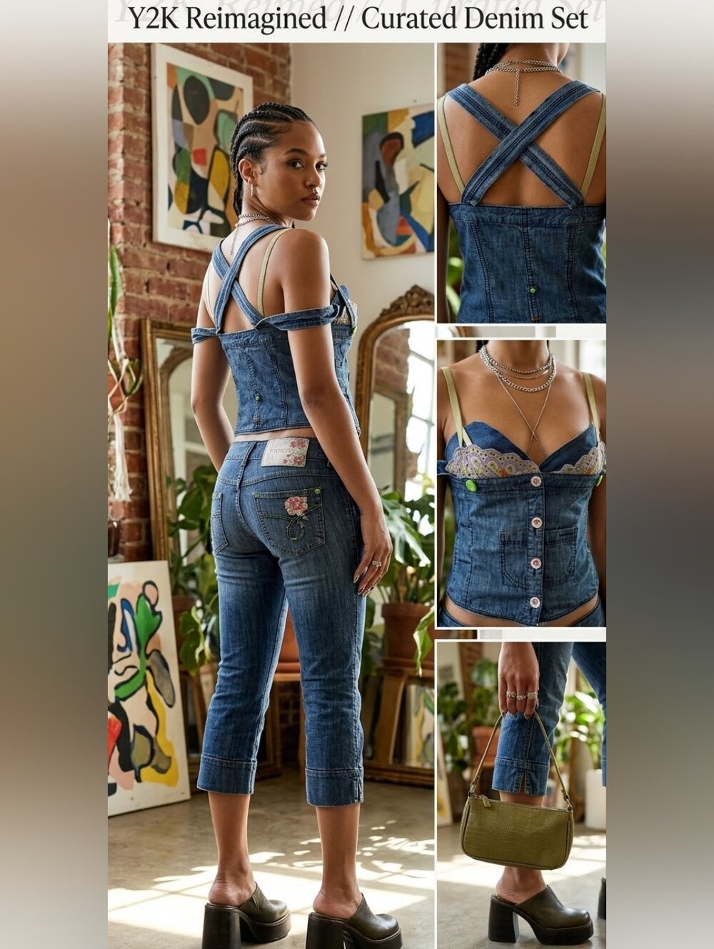 Rare Stefanel Denim Overalls Corset Capris Low Rise Y2K Rodeo Western Festival